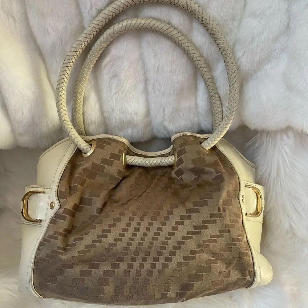 Cole Haan golden brown checkered fabric & beige leather tote gold tone a…